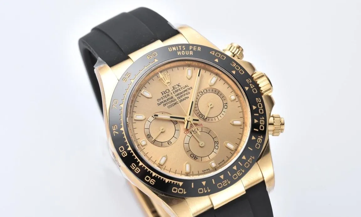 Durable Clean Factory Rolex Daytona 116518LN Yellow Gold Dial and Case Black Ceramic Bezel Cal.4130 Black Oyster Rubber Oysterflex Strap 343